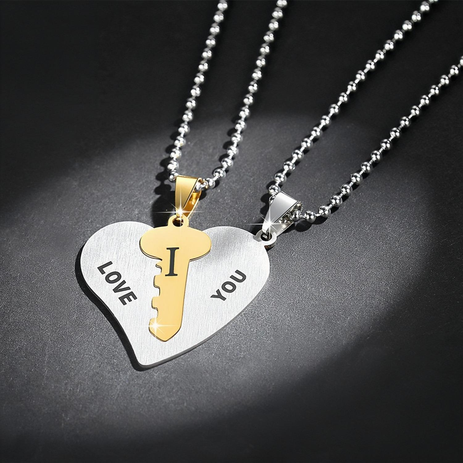 I Love You Lock And Key Matching Heart Couple Necklaces In Titanium - CoupleSets