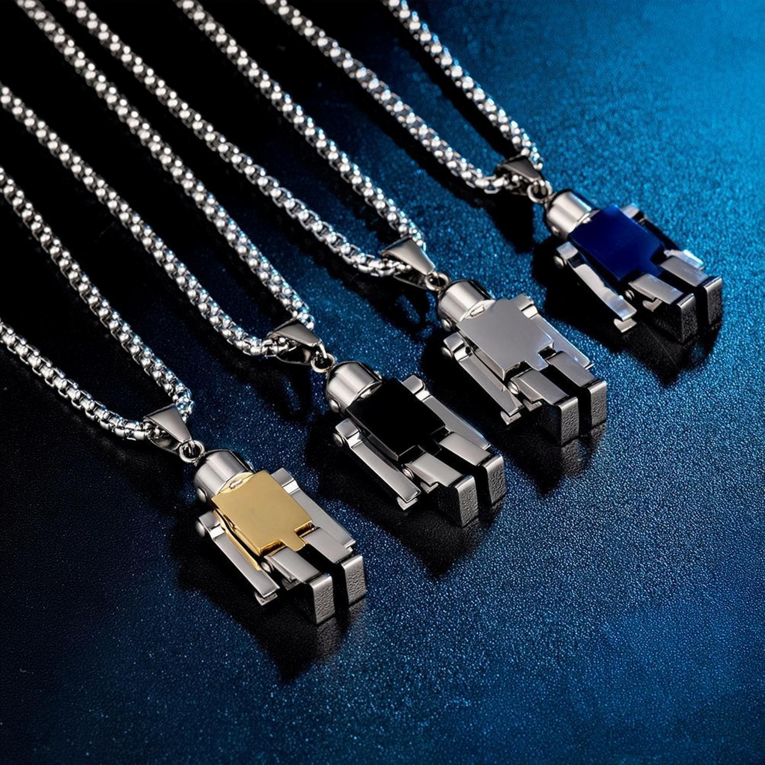 Engravable Cute Robot Couple Necklaces In Titanium - CoupleSets