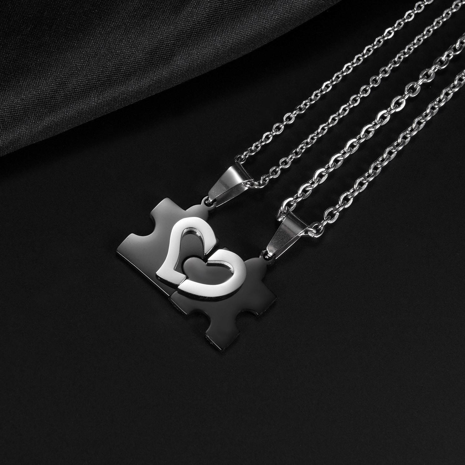 Engravable Matching Heart Puzzle Piece Necklace For Couples In Titanium - CoupleSets