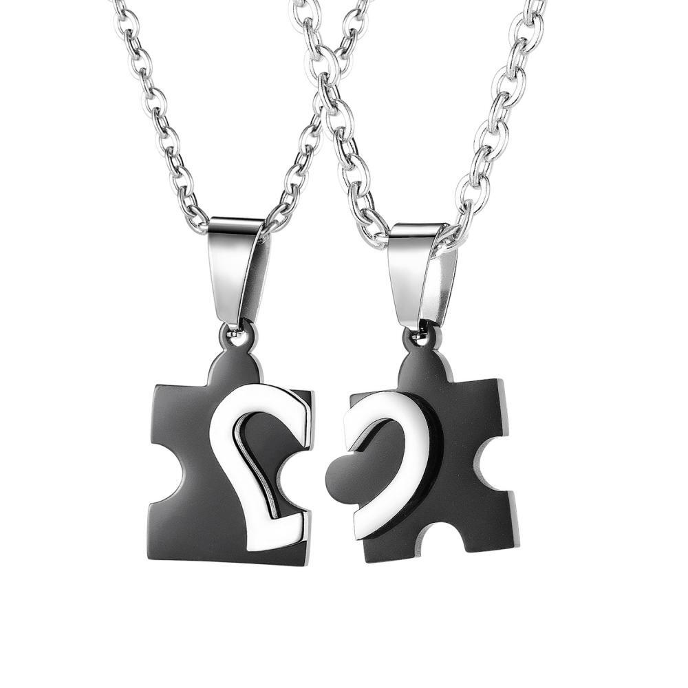 Engravable Matching Heart Puzzle Piece Necklace For Couples In Titanium - CoupleSets