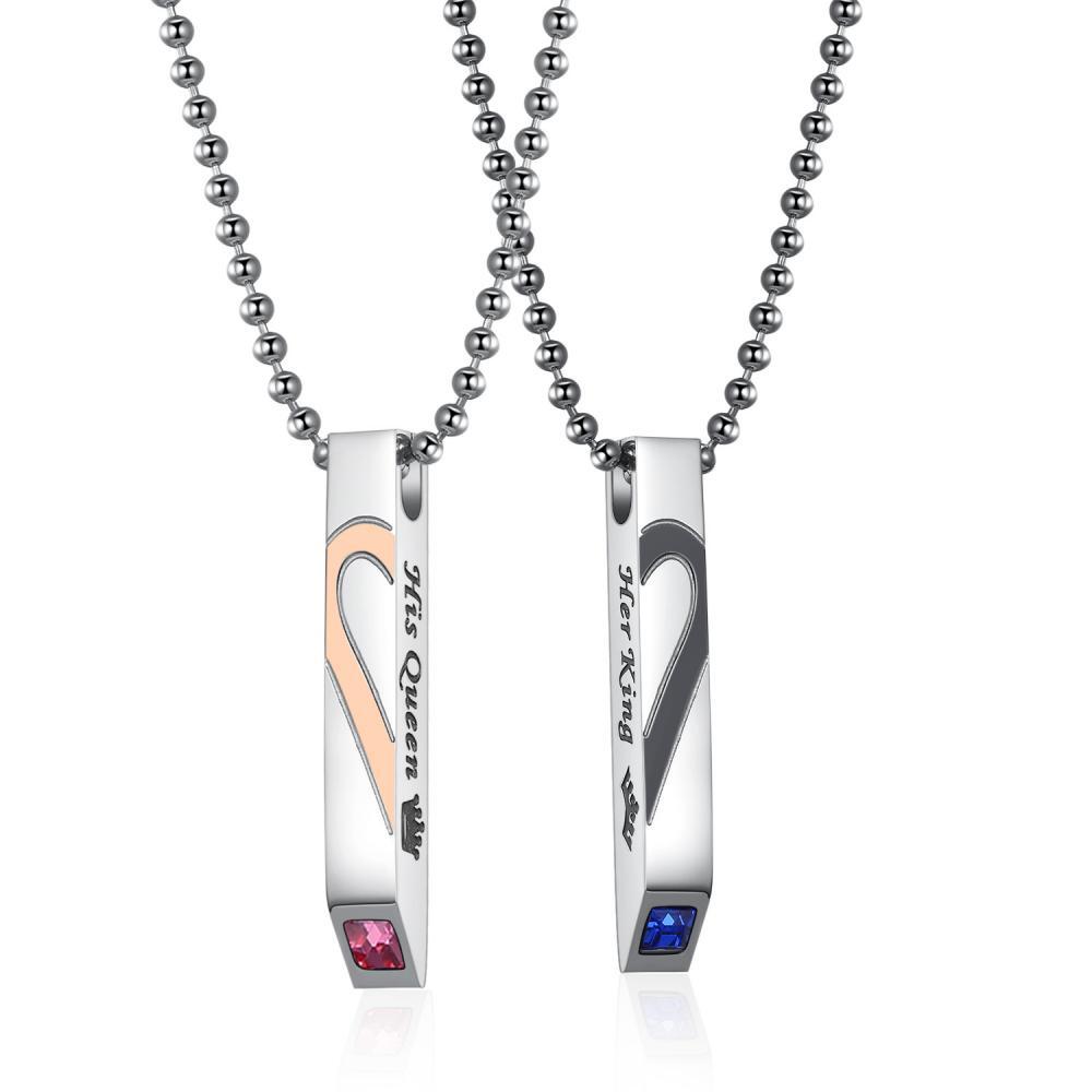 Her King His Queen Matching Heart Bar Necklaces For Couples In Titanium - CoupleSets