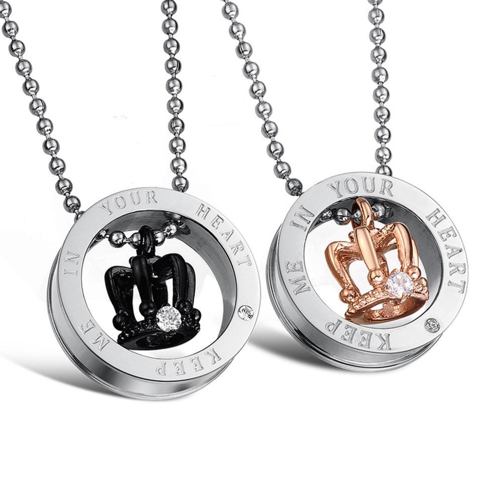 Keep Me In Your Heart Matching Crown Ring Necklaces For Couples In Titanium - CoupleSets