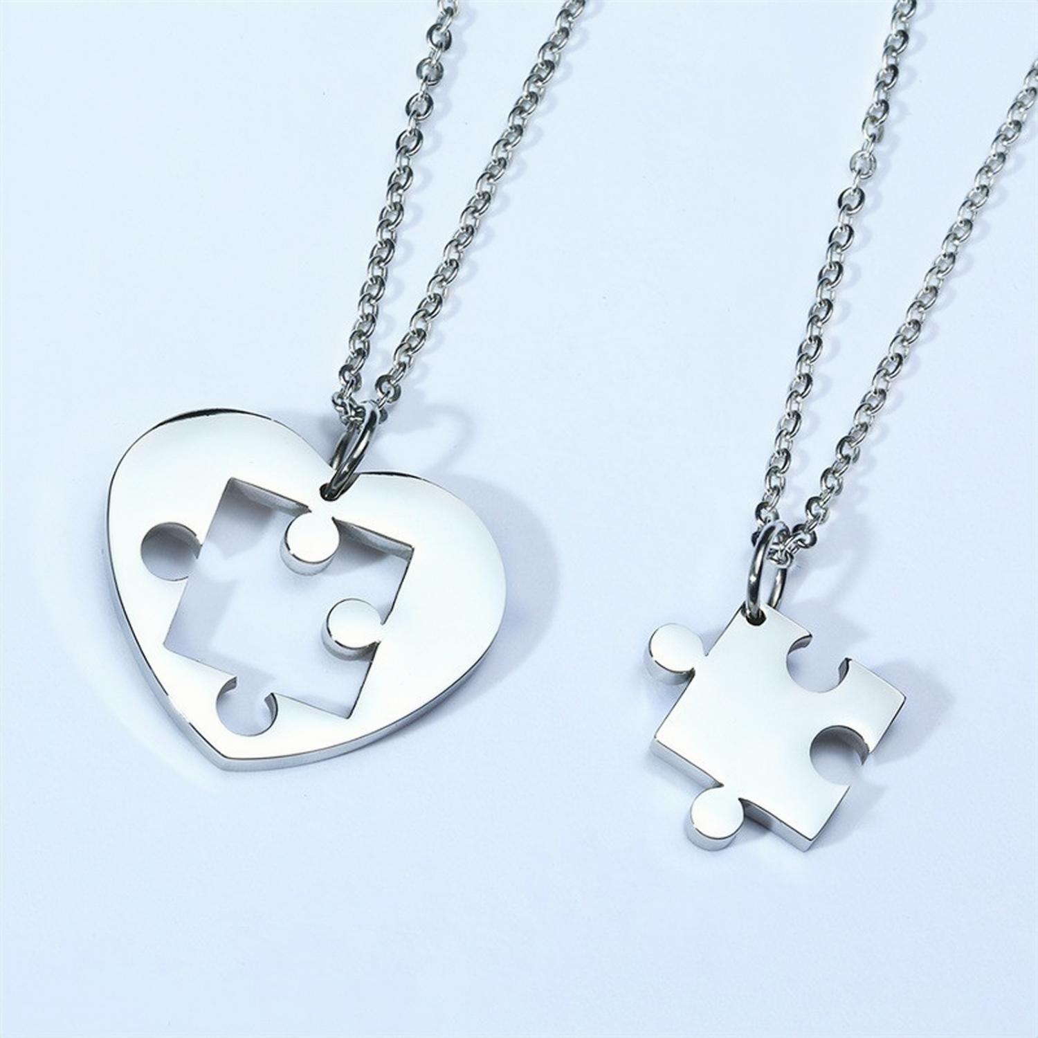 Engravable Matching Heart Puzzle Piece Couple Necklaces In Titanium - CoupleSets