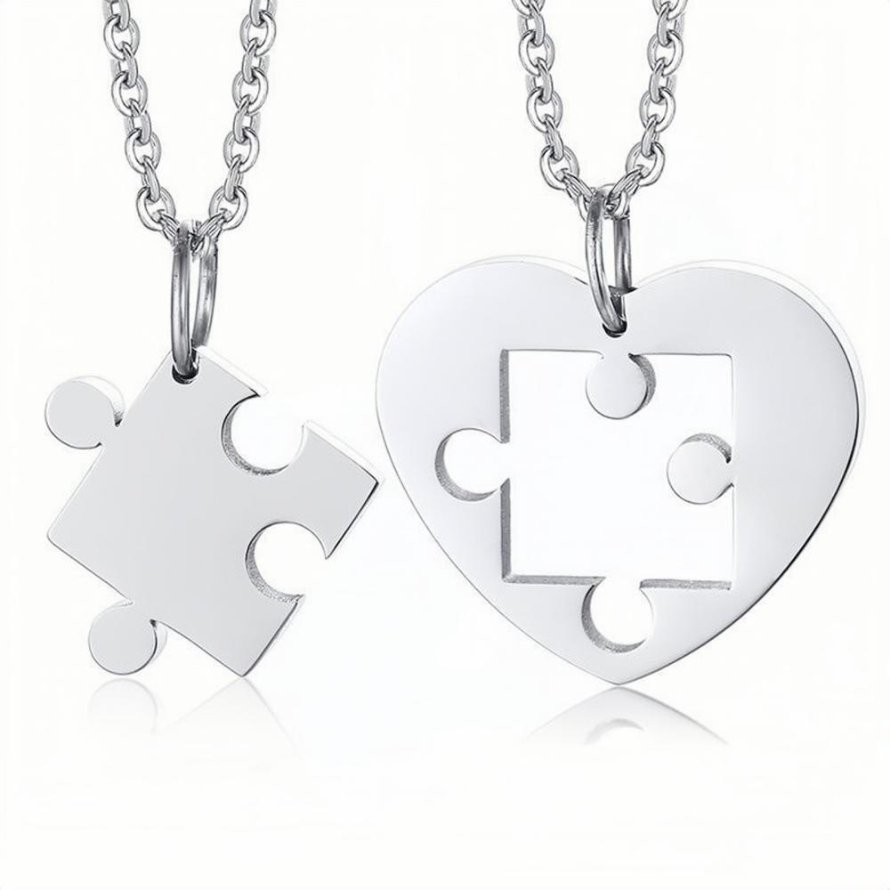 Engravable Matching Heart Puzzle Piece Couple Necklaces In Titanium - CoupleSets