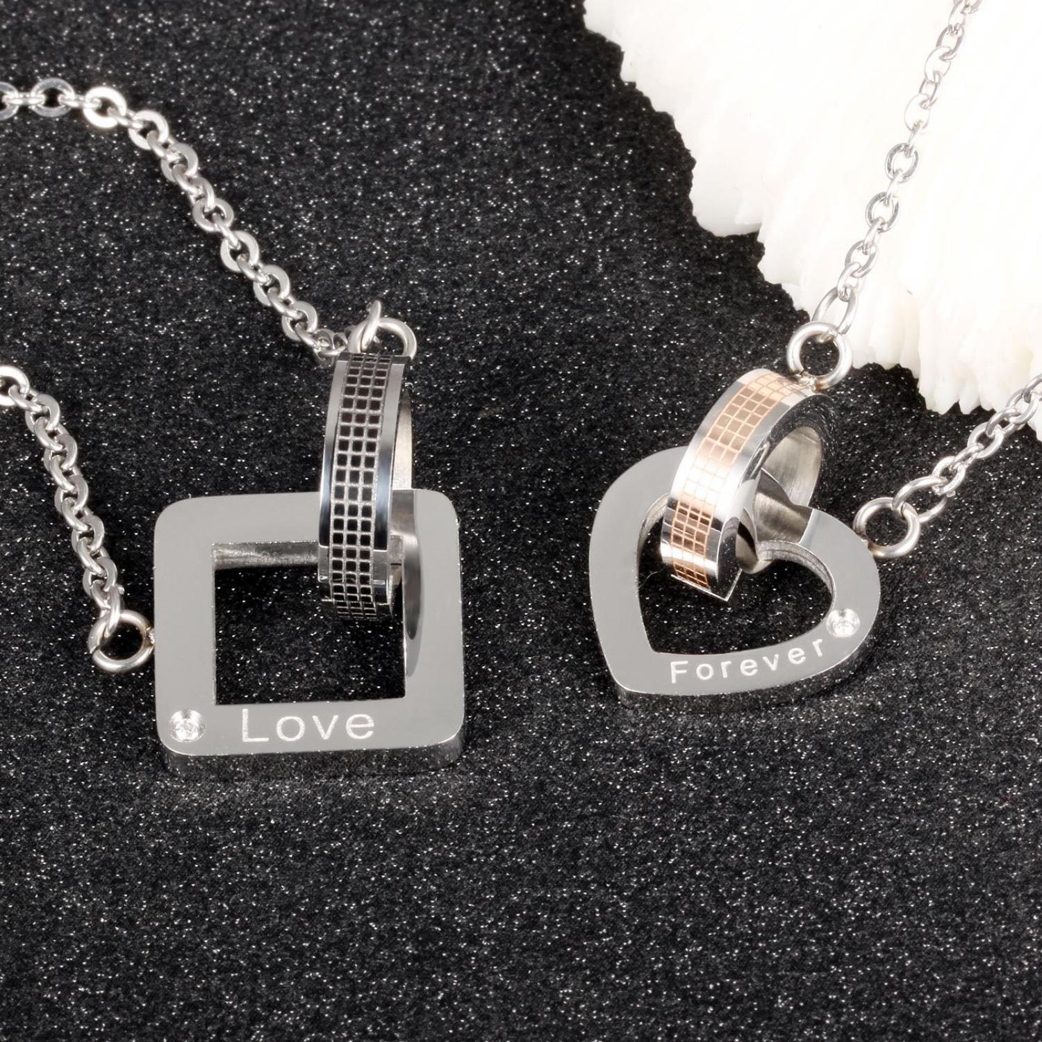 Love Forever Matching Interlocking Couple Necklaces In Titanium - CoupleSets