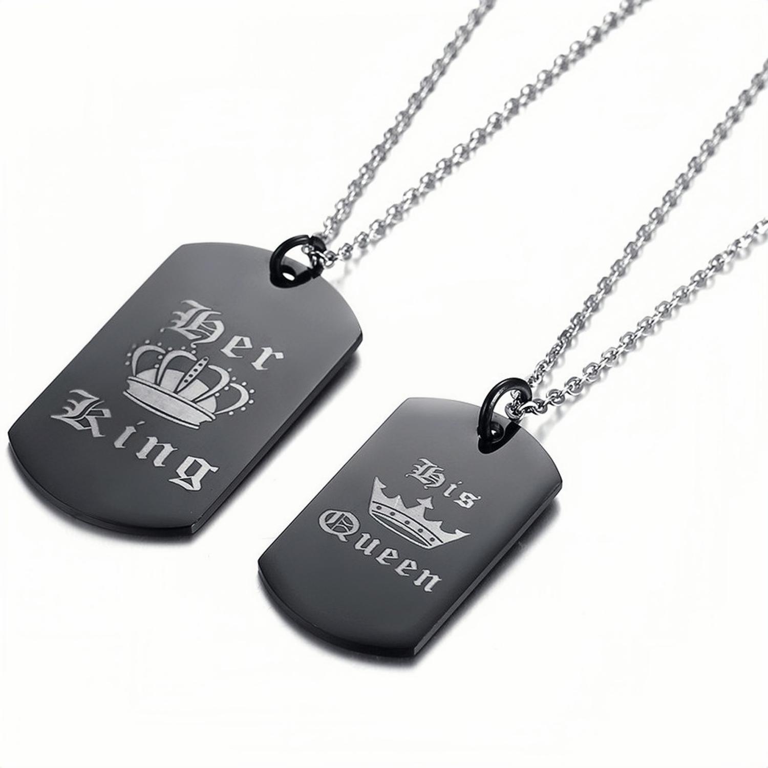 Engravable Black Her King His Queen Matching Couple Necklaces In Titanium - CoupleSets