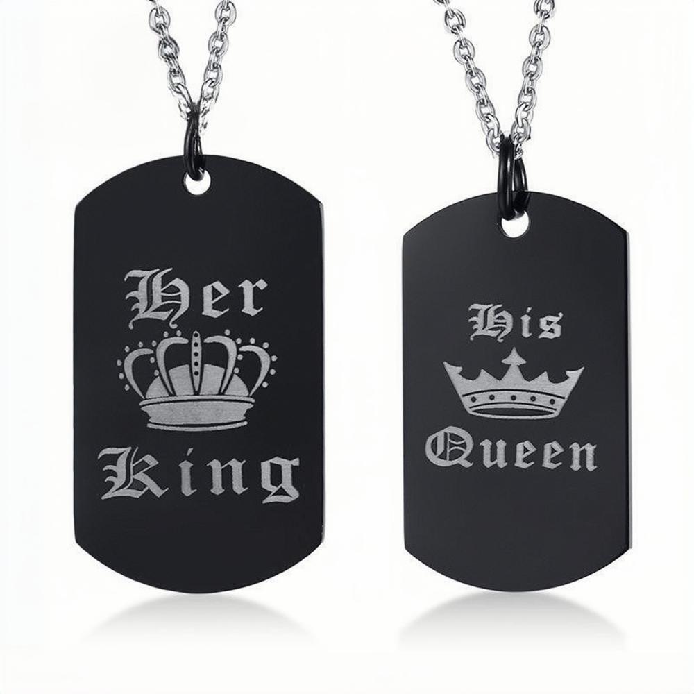 Engravable Black Her King His Queen Matching Couple Necklaces In Titanium - CoupleSets