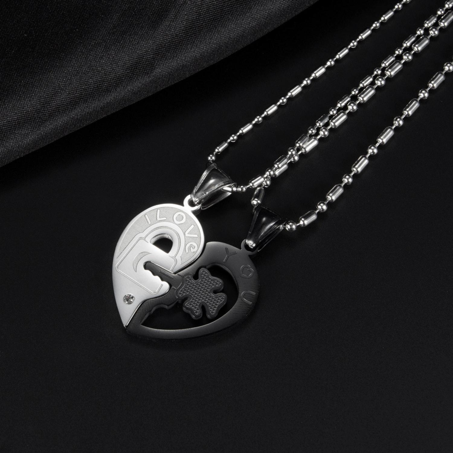 Engravable Lock And Key Matching Heart Couple Necklaces In Titanium - CoupleSets