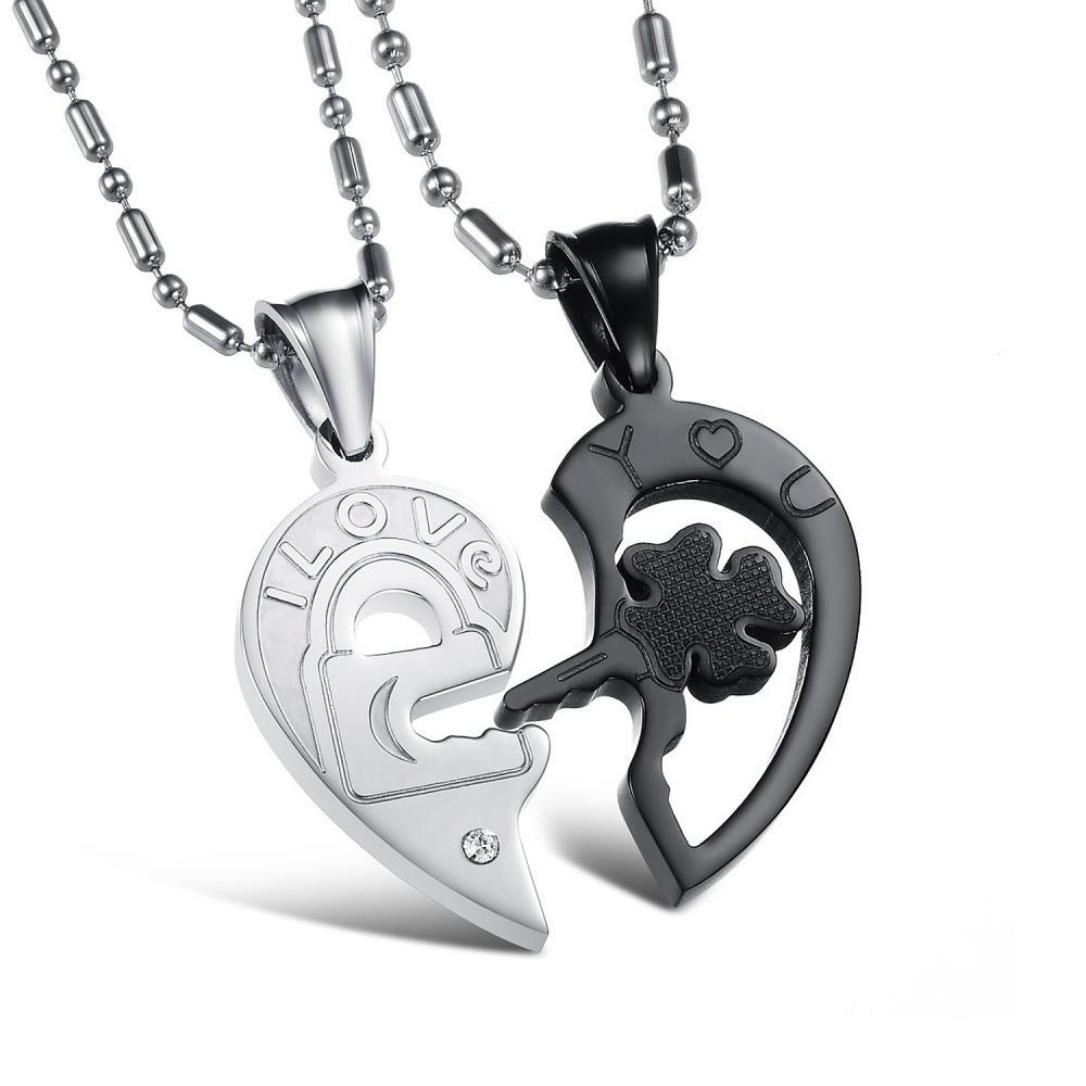 Engravable Lock And Key Matching Heart Couple Necklaces In Titanium - CoupleSets