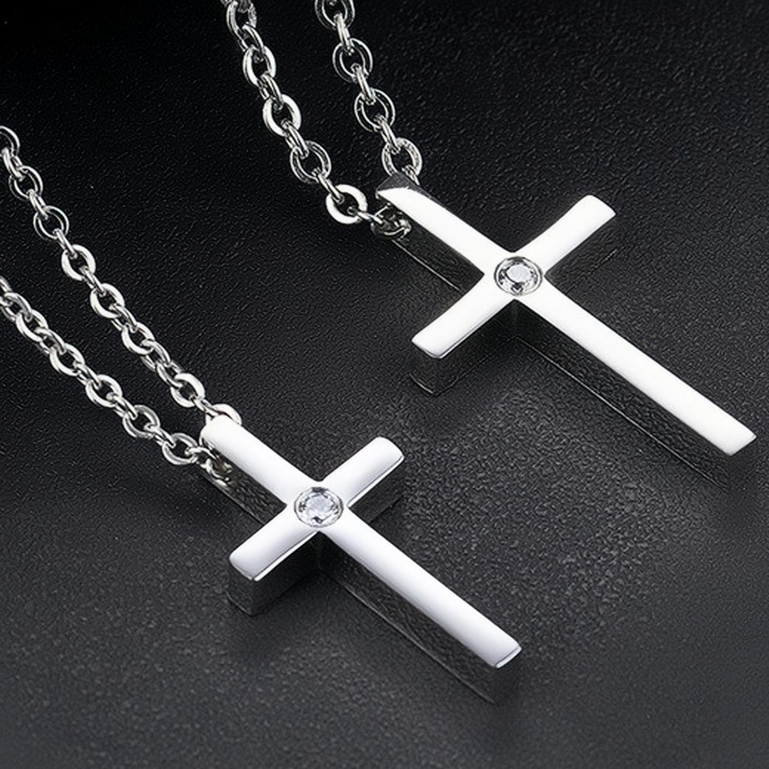 Engravable Simple Cross Pendant Necklace For Couples In Titanium - CoupleSets