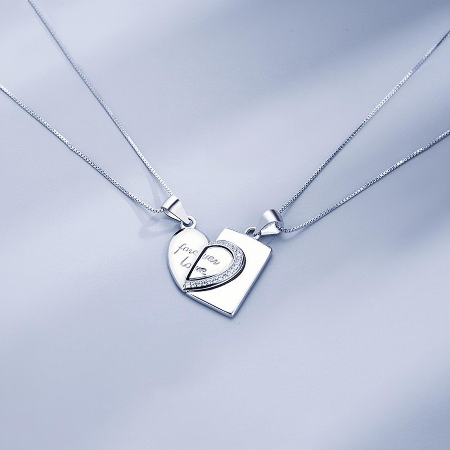 Engravable Forever Love Matching Heart Couple Necklaces In Sterling Silver - CoupleSets