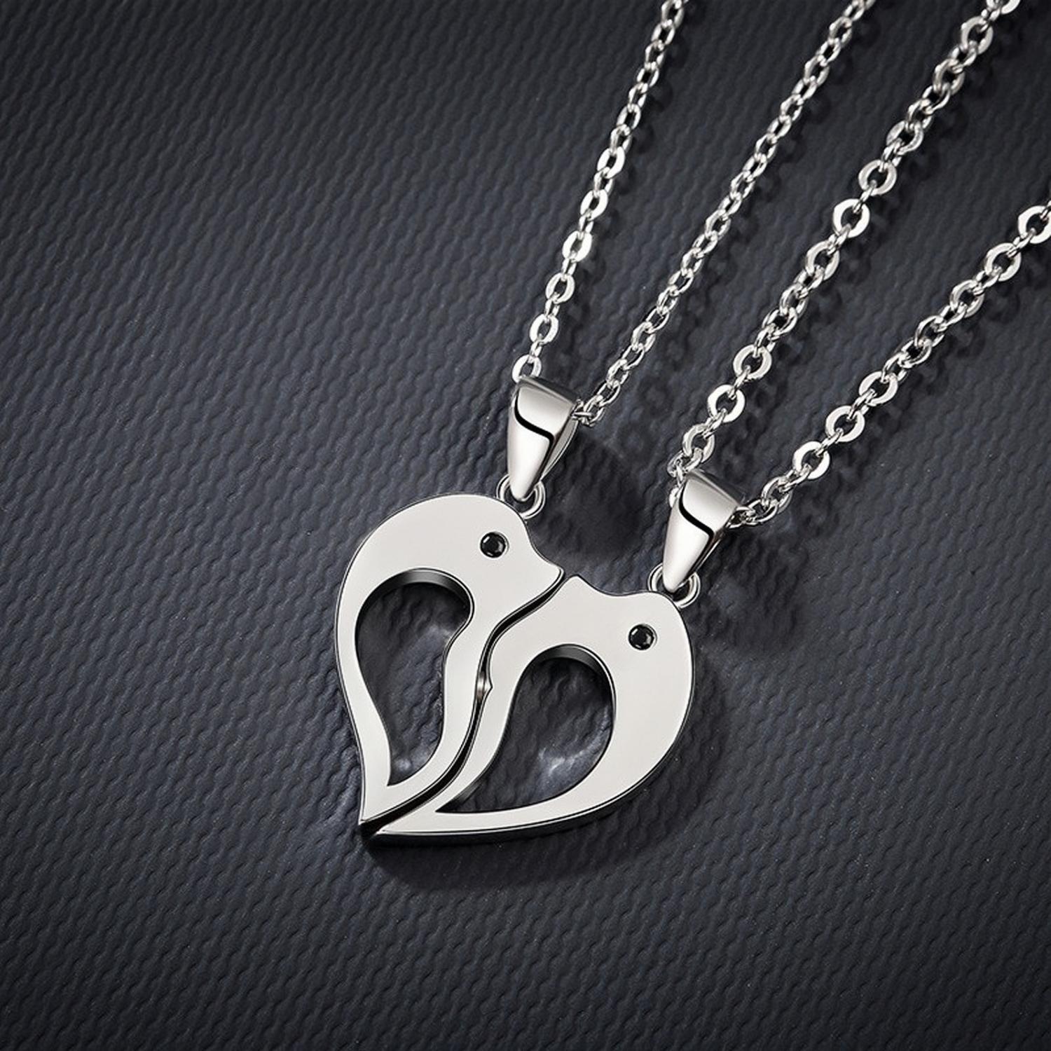 Engravable Cute Dolphin Matching Heart Magnetic Couple Necklaces In Sterling Silver - CoupleSets