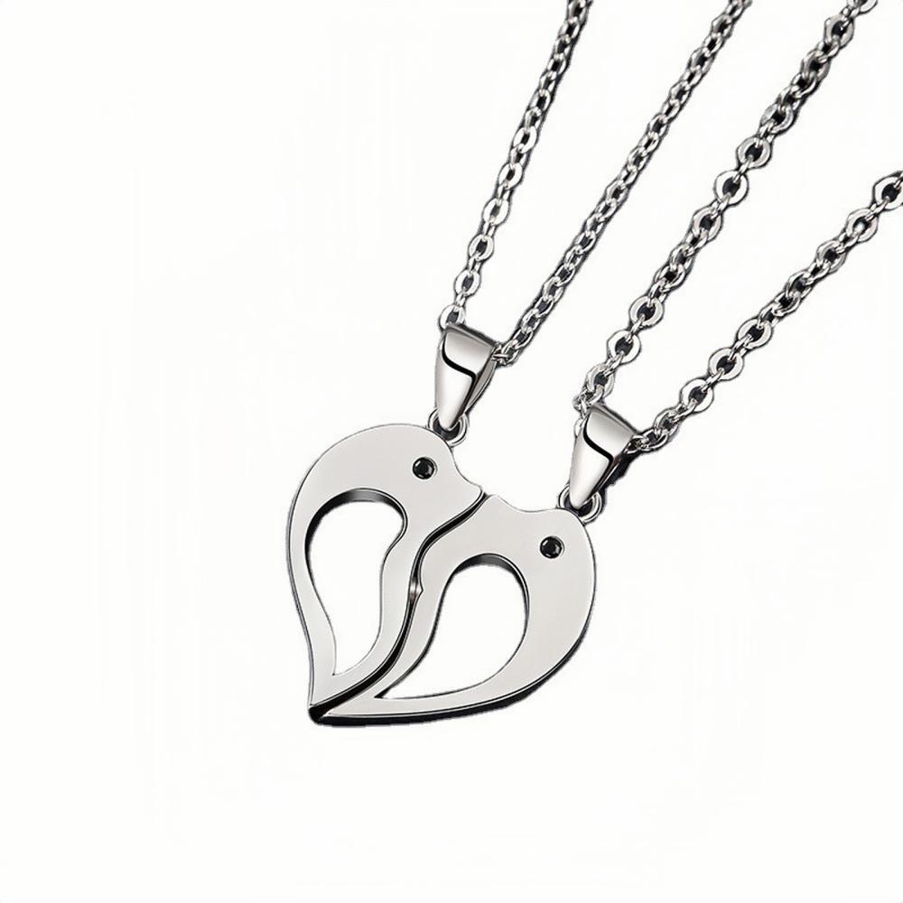 Engravable Cute Dolphin Matching Heart Magnetic Couple Necklaces In Sterling Silver - CoupleSets