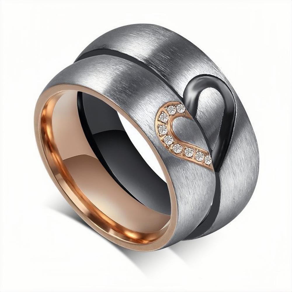 Black And Rose Matching Heart Rings For Couples In Titanium Steel - CoupleSets