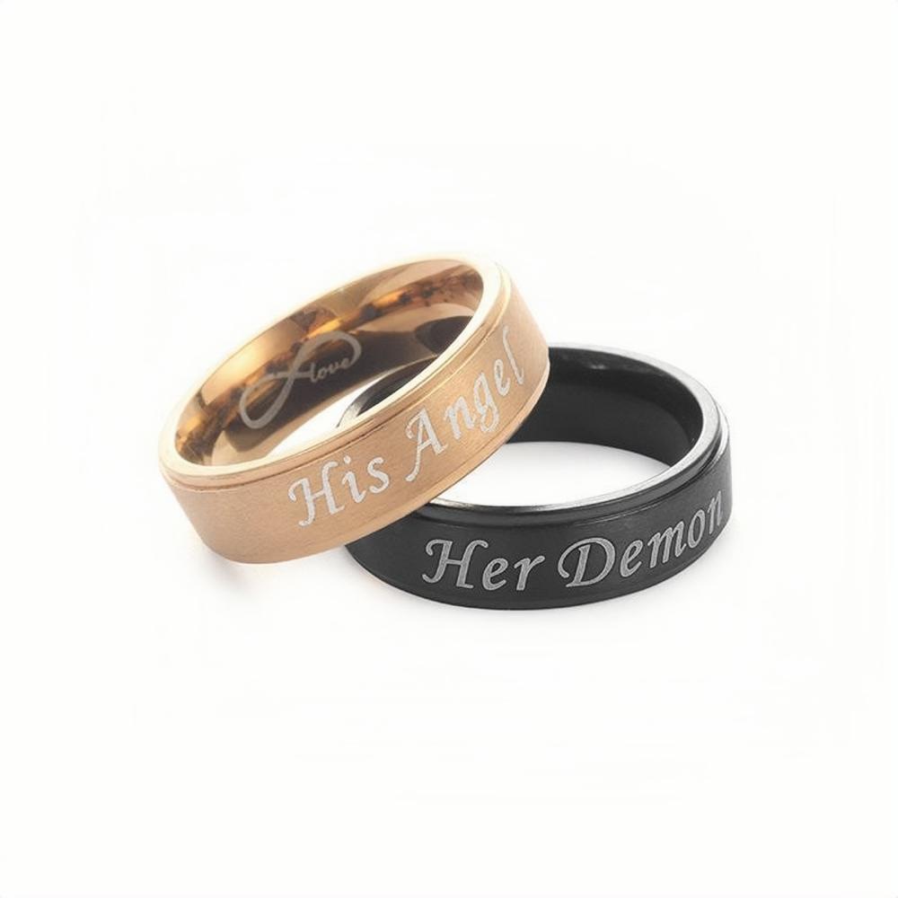 Unique Her Demon His Angel Promise Rings For Couples In Titanium - CoupleSets