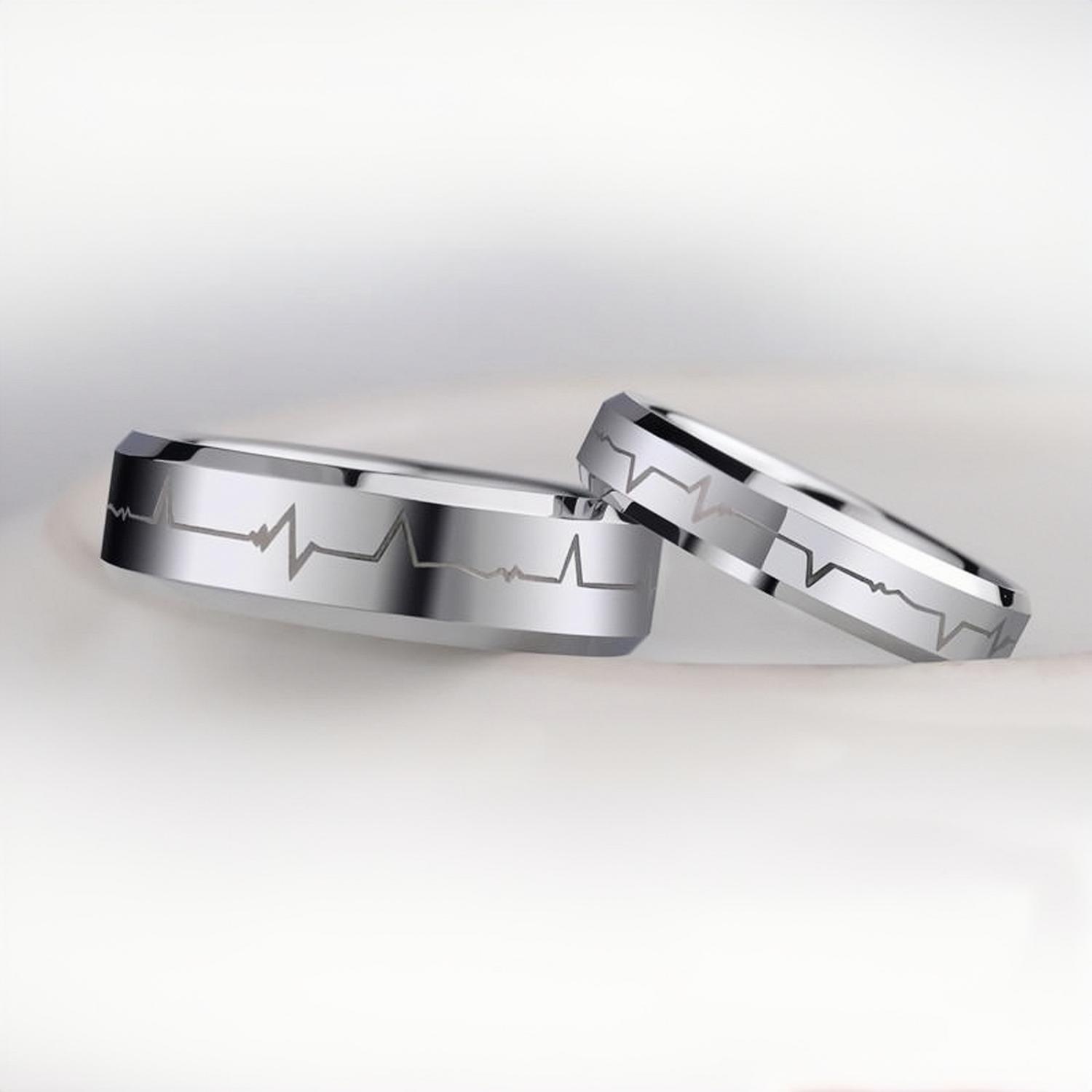 Engravable Heartbeat Promise Rings For Couples In Tungsten - CoupleSets