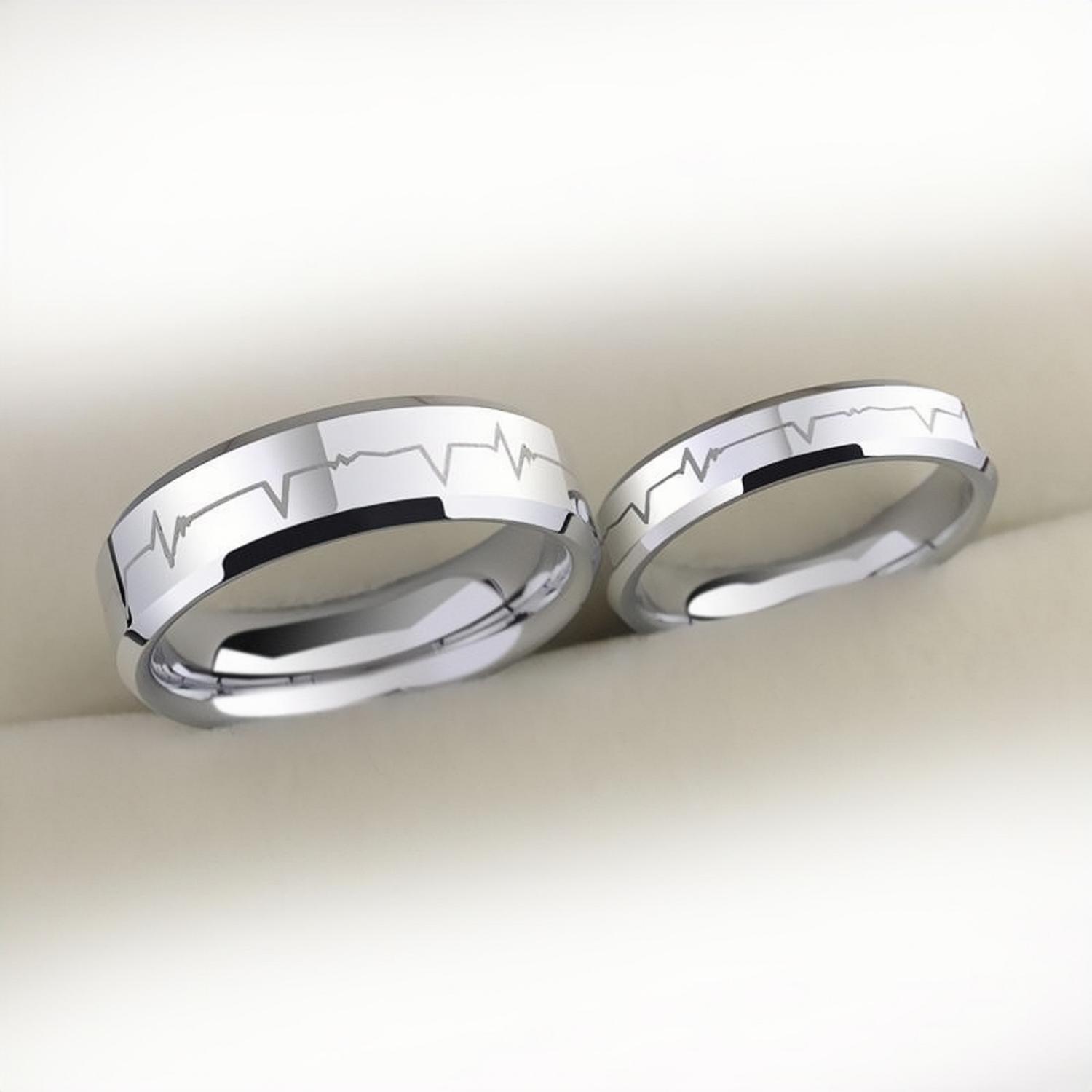 Engravable Heartbeat Promise Rings For Couples In Tungsten - CoupleSets