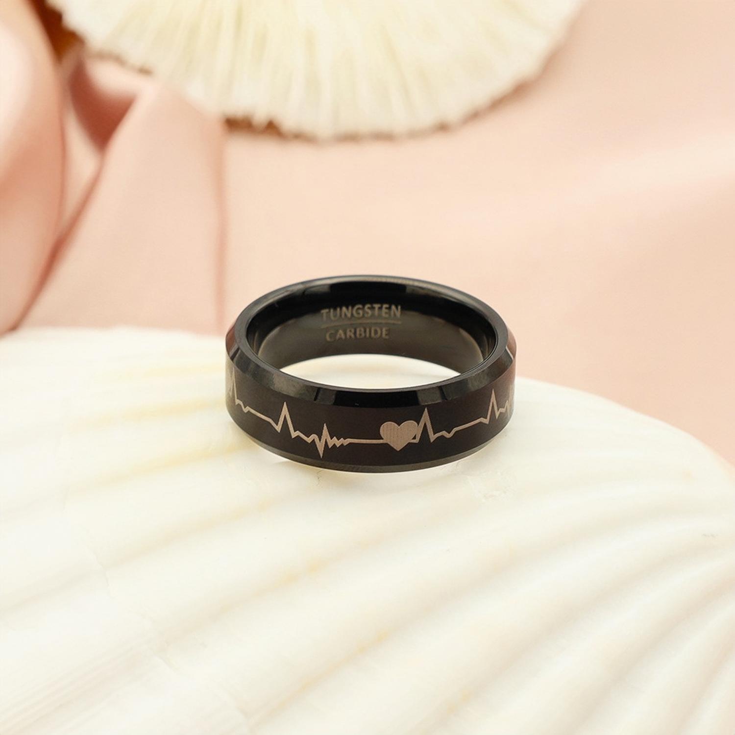 Engravable Black Heartbeat Rings For Couples In Tungsten - CoupleSets