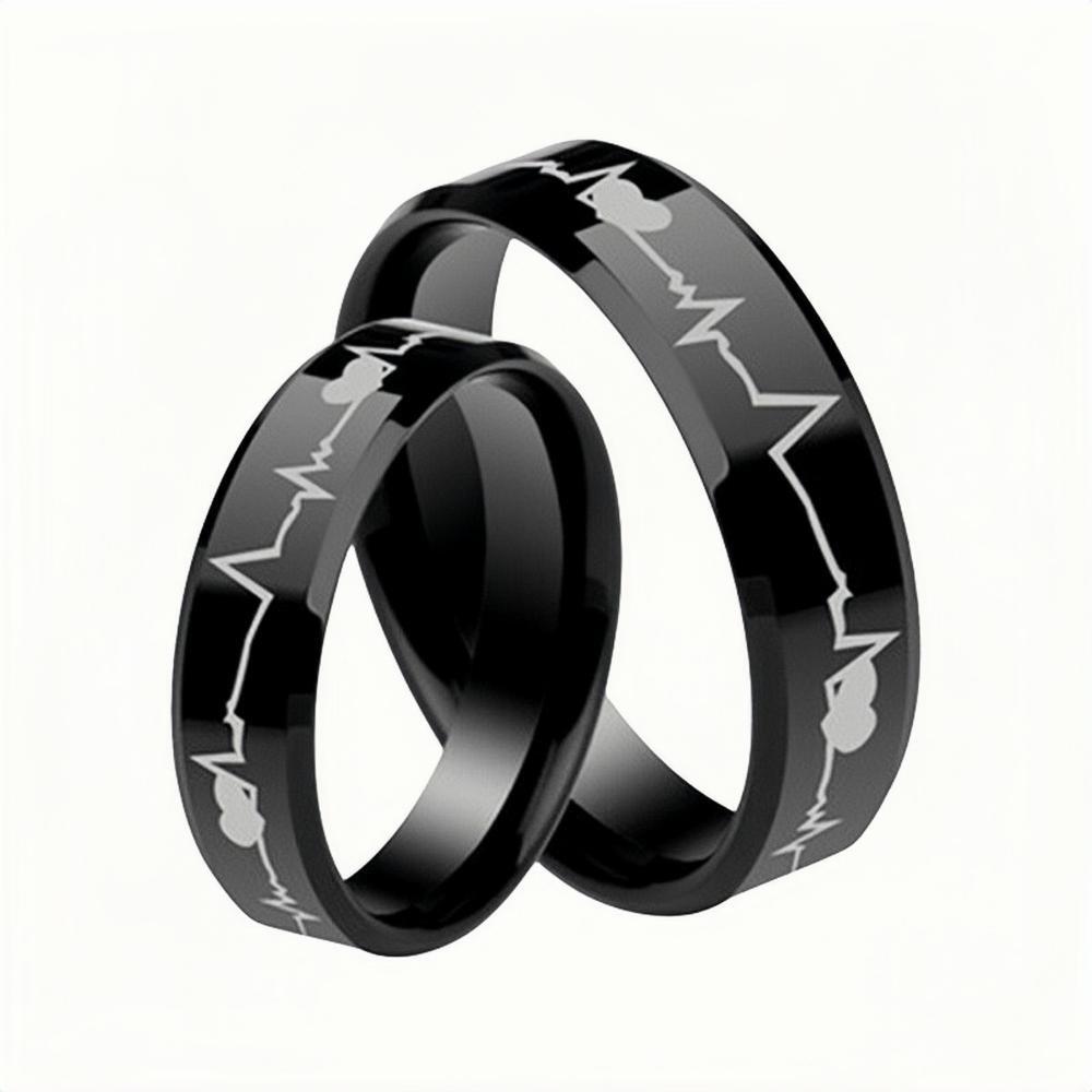 Engravable Black Heartbeat Rings For Couples In Tungsten - CoupleSets