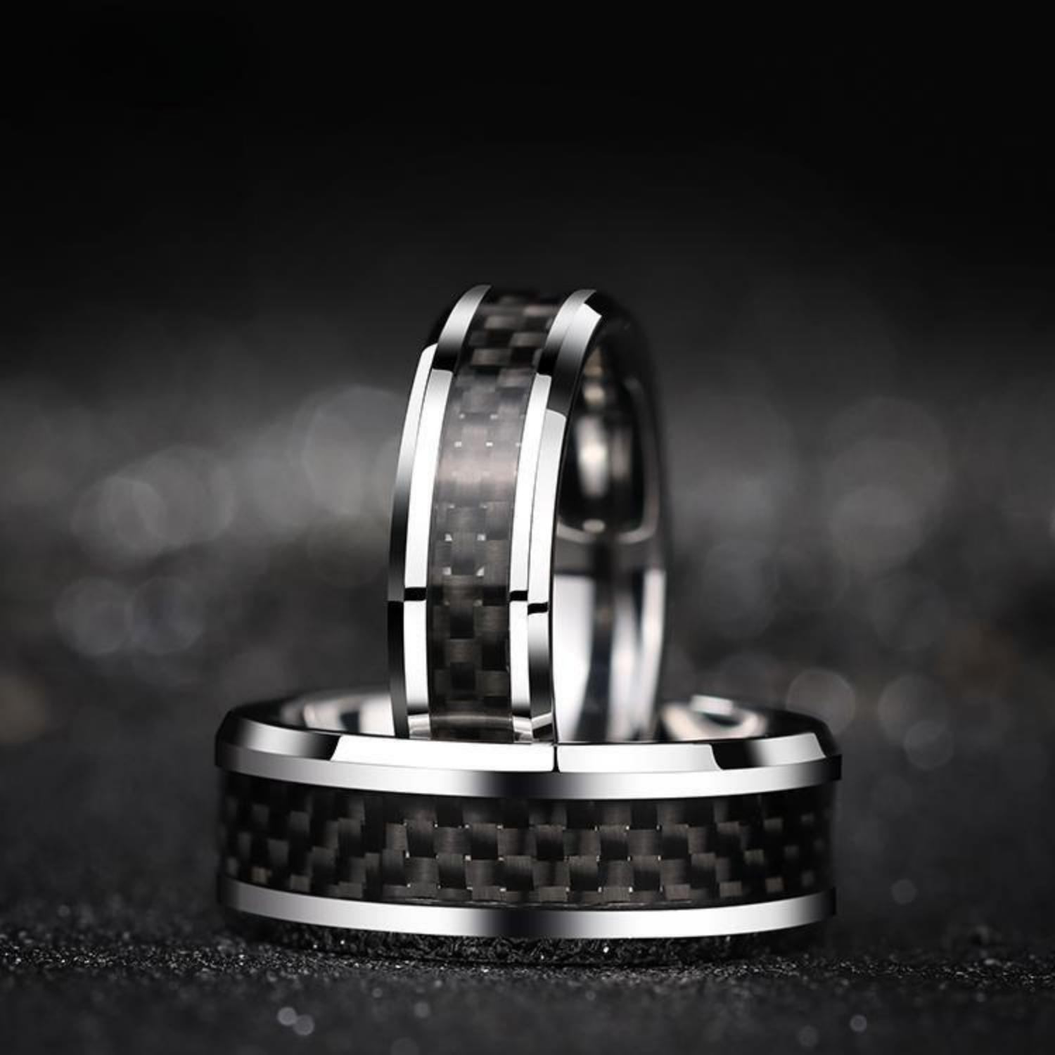 Engravable Unique Carbon Fiber Rings For Couples In Tungsten - CoupleSets