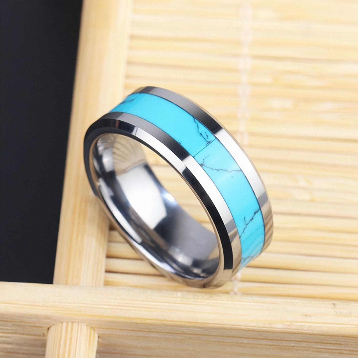 Engravable Unique Turquoise Rings For Couples In Tungsten - CoupleSets