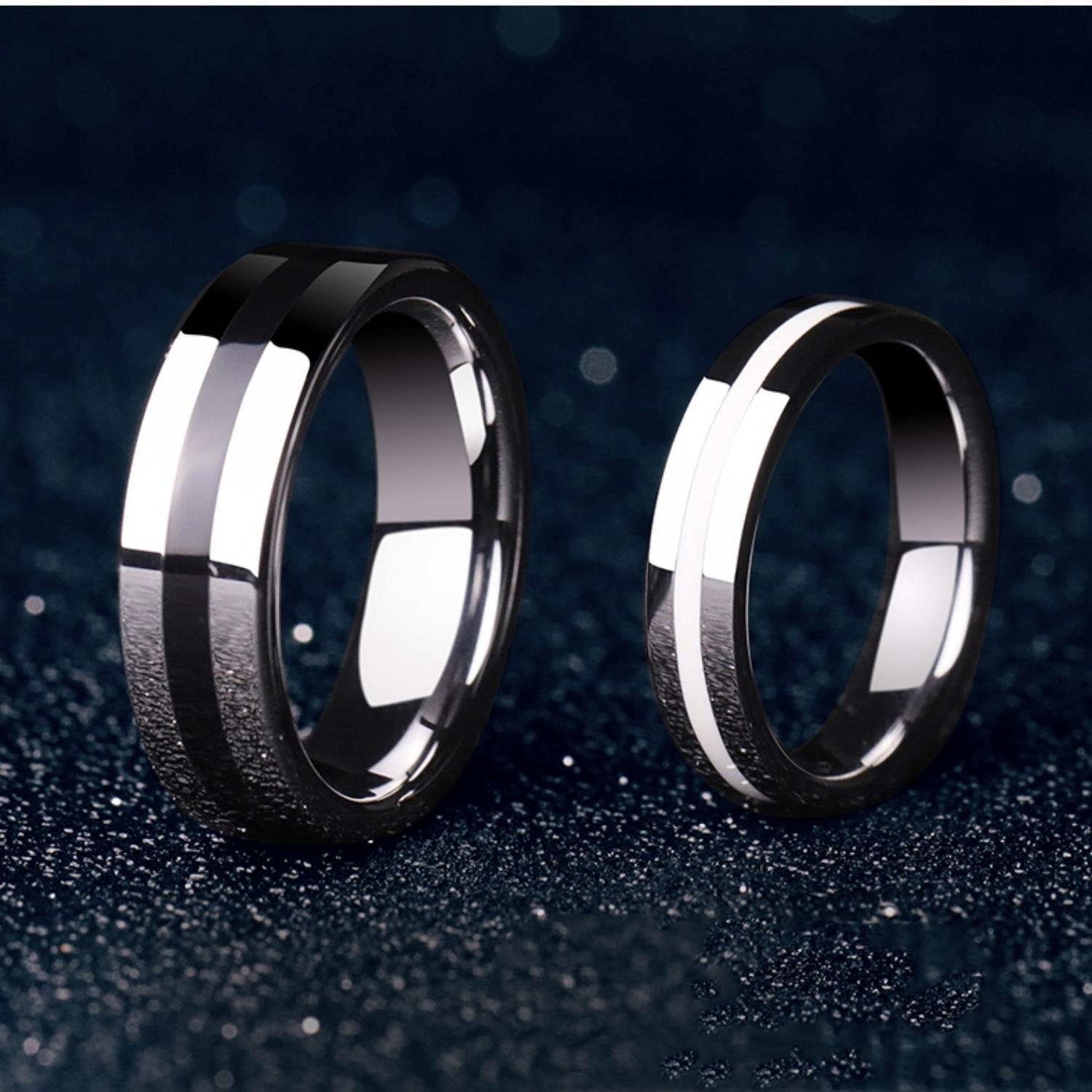 Engravable Day And Night Promise Rings For Couples In Tungsten - CoupleSets